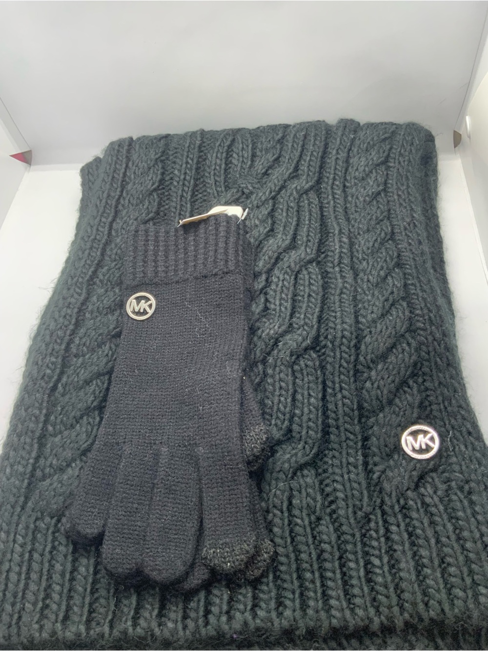 Michael Kors Black Cable Knit Gloves and Scarf Set